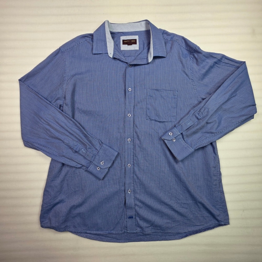 Johnston & Murphy Mens XXL Blue White Micro Check Cotton Button Down Shirt
